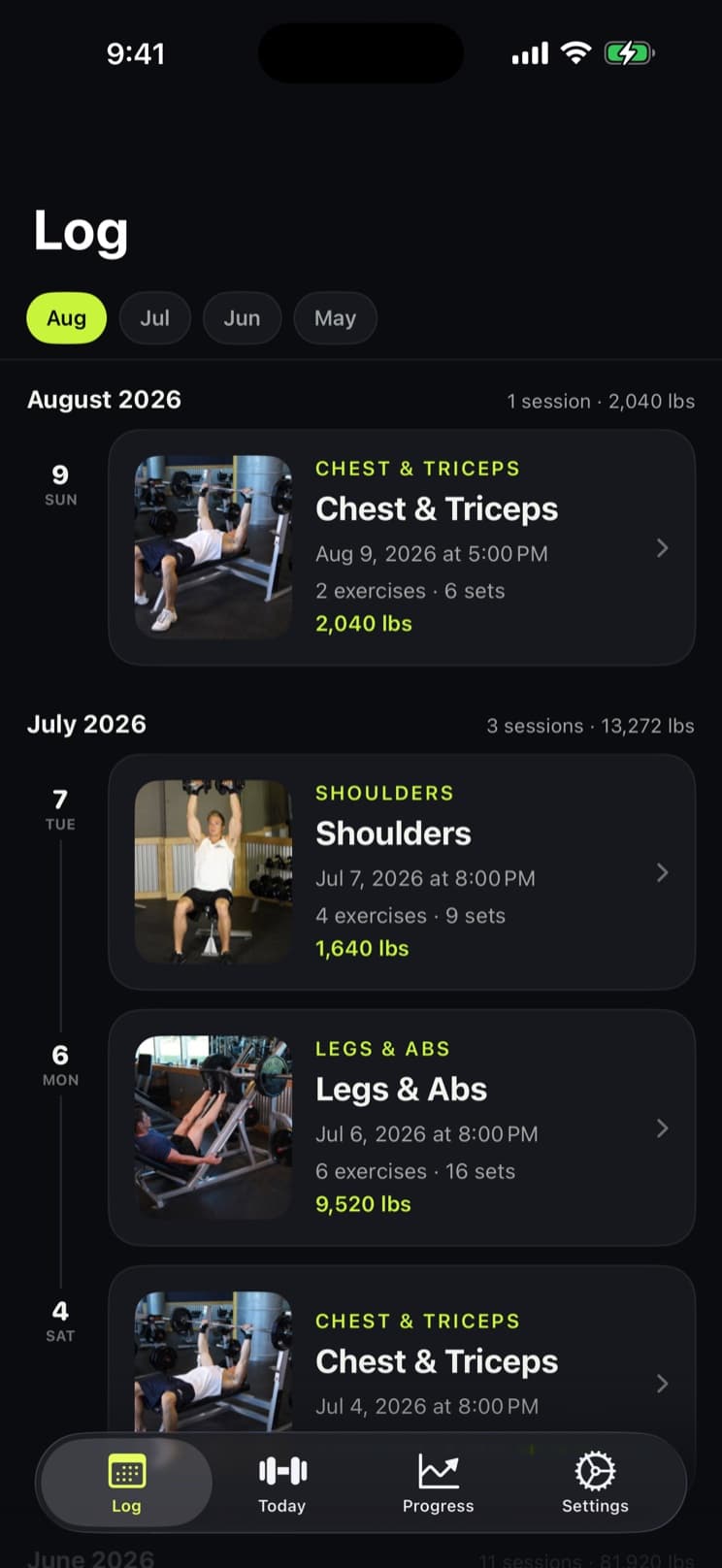 The Log screen showing workouts grouped by month with session volume totals